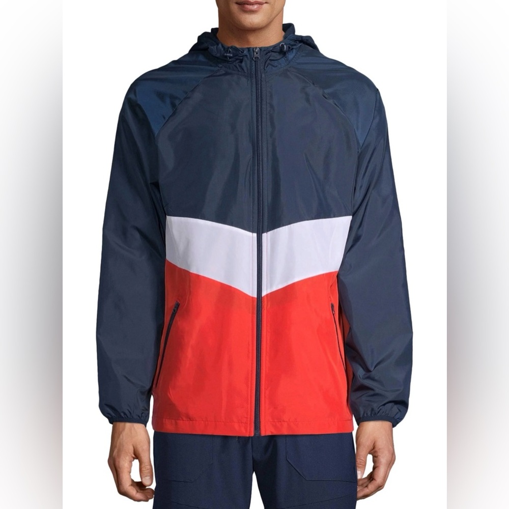 Russell Athletic Windbreaker Jacket Men’s Medium Blue Red White Full Zip Hooded